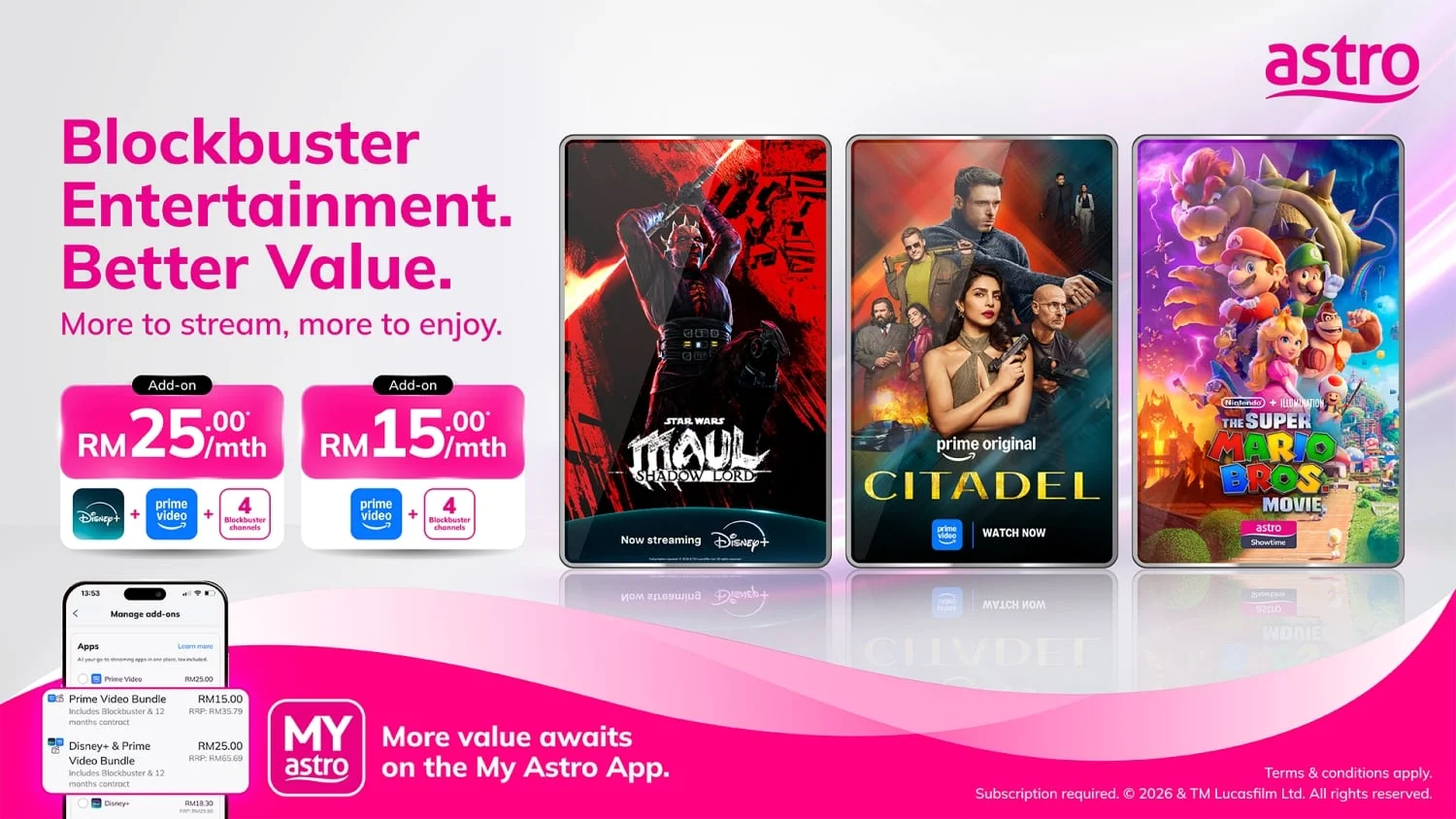 Sedang yang lain leka dengan FIFA 2026, Astro usyar lapangan baharu. Kombo penstriman serendah RM15 ada Disney+, Prime video, WeTV, dan Viu.