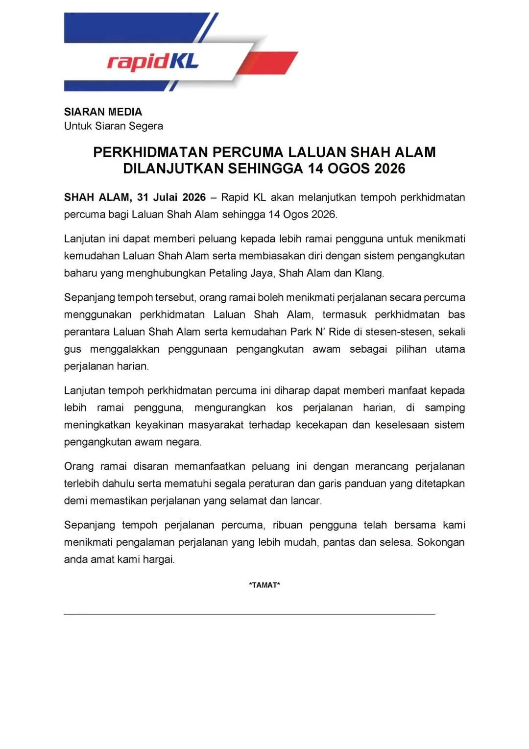 Pengumuman promo tambang percuma LRT3 dilanjutkan sehingga 14 Ogos 2026
