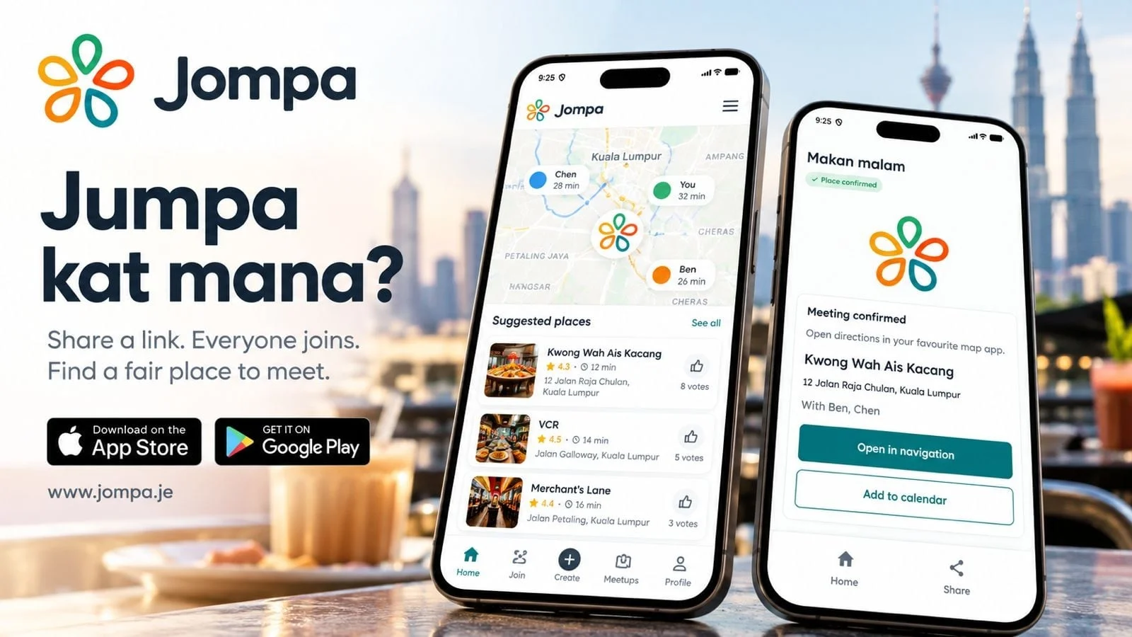 Jompa app percuma yang bantu anda cari tempat lepak paling adil untuk semua berdasarkan masa perjalanan, bukan sekadar jarak.